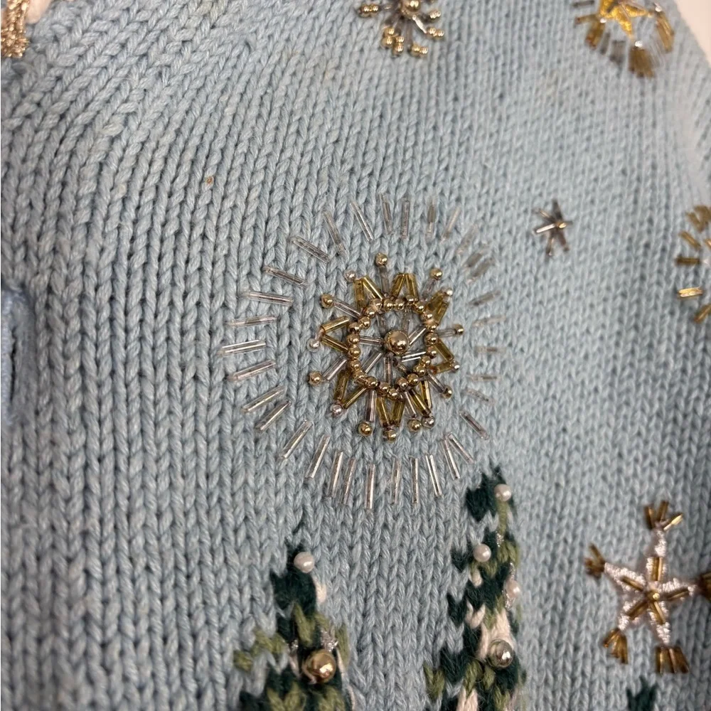 Vintage BellePointe Blue Winter Scape Embroidered Beaded Women's Cardigan Medium